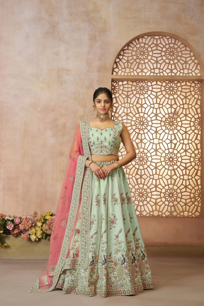 Pista Green Embroidered Lehenga Choli with Pink Dupatta - Mangaldeep NX