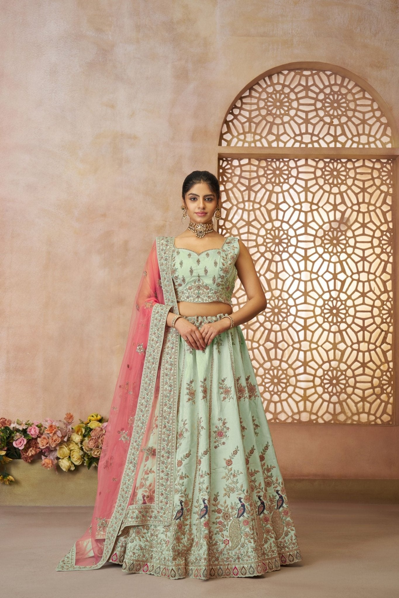 Pista Green Embroidered Lehenga Choli with Pink Dupatta - Mangaldeep NX