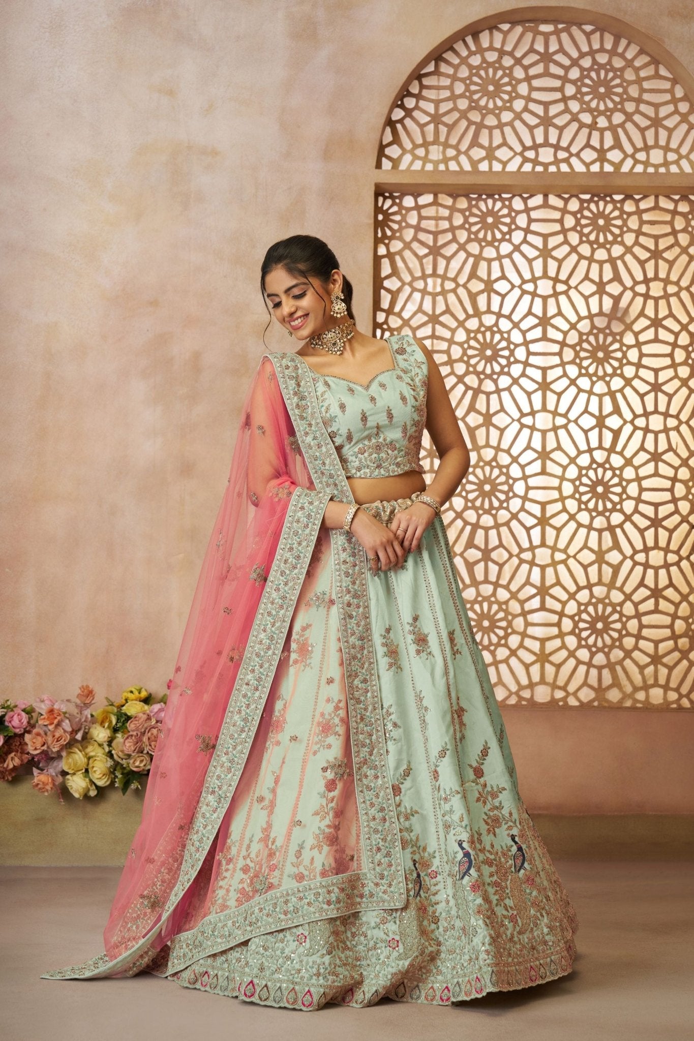 Pista Green Embroidered Lehenga Choli with Pink Dupatta - Mangaldeep NX