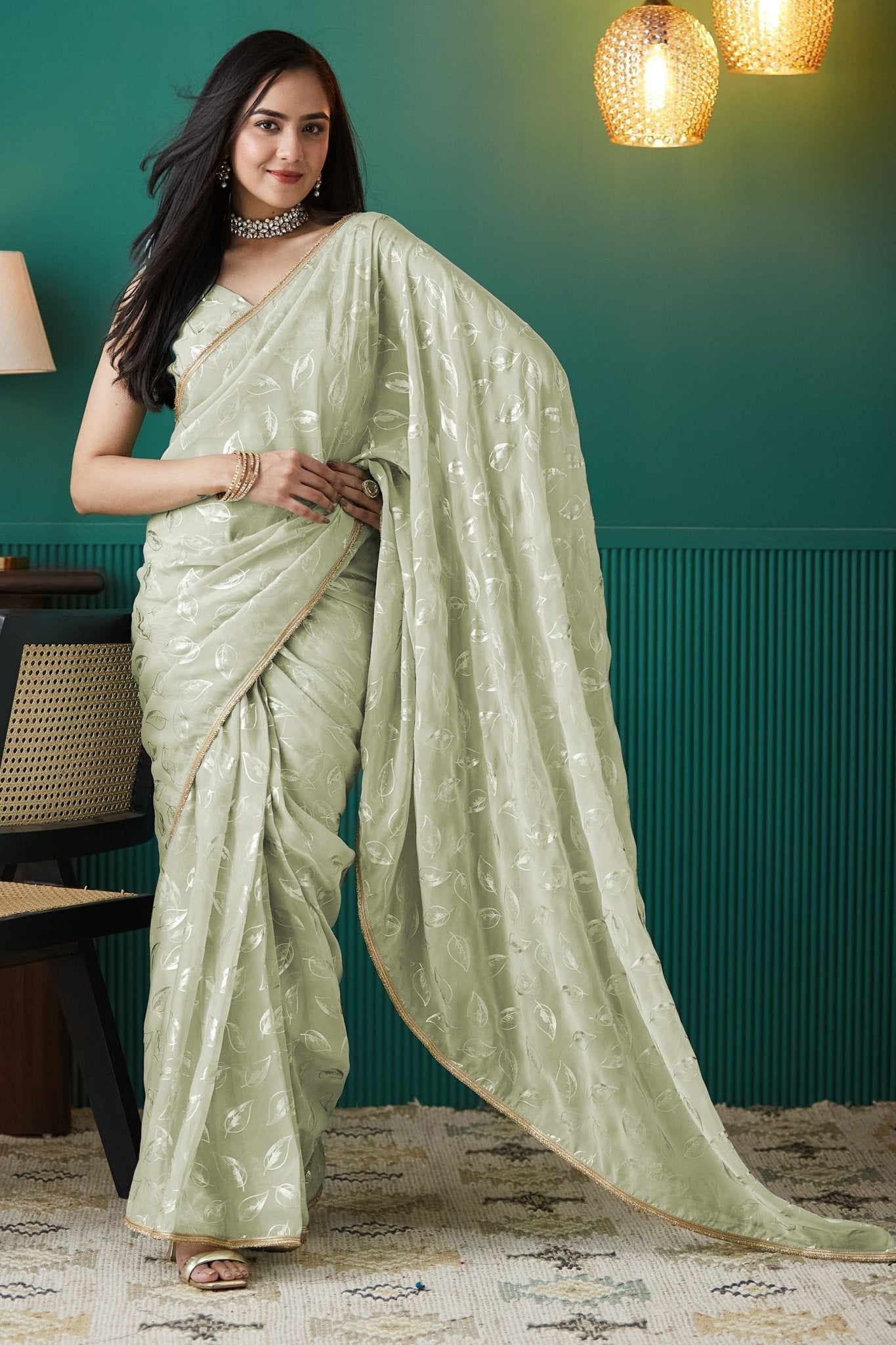 Pista Green Organza Saree with Gold Leaf Print and Sequin Lace Border - Mangaldeep NX