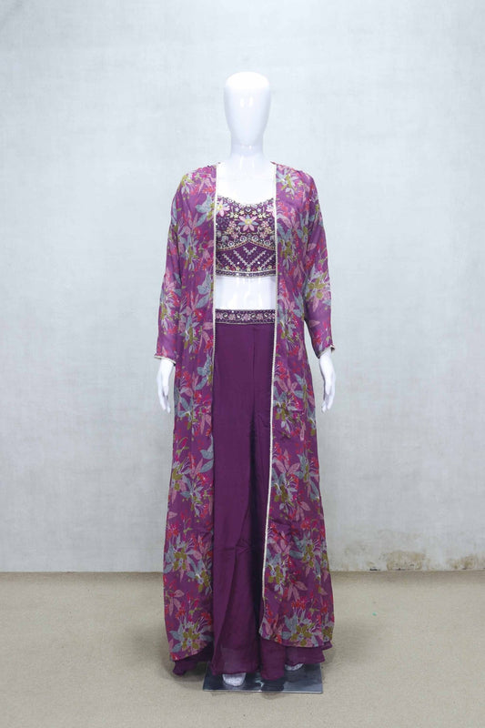 Plum Floral Embroidered Crop Top and Palazzo Set with Printed Long Cape - Mangaldeep NX