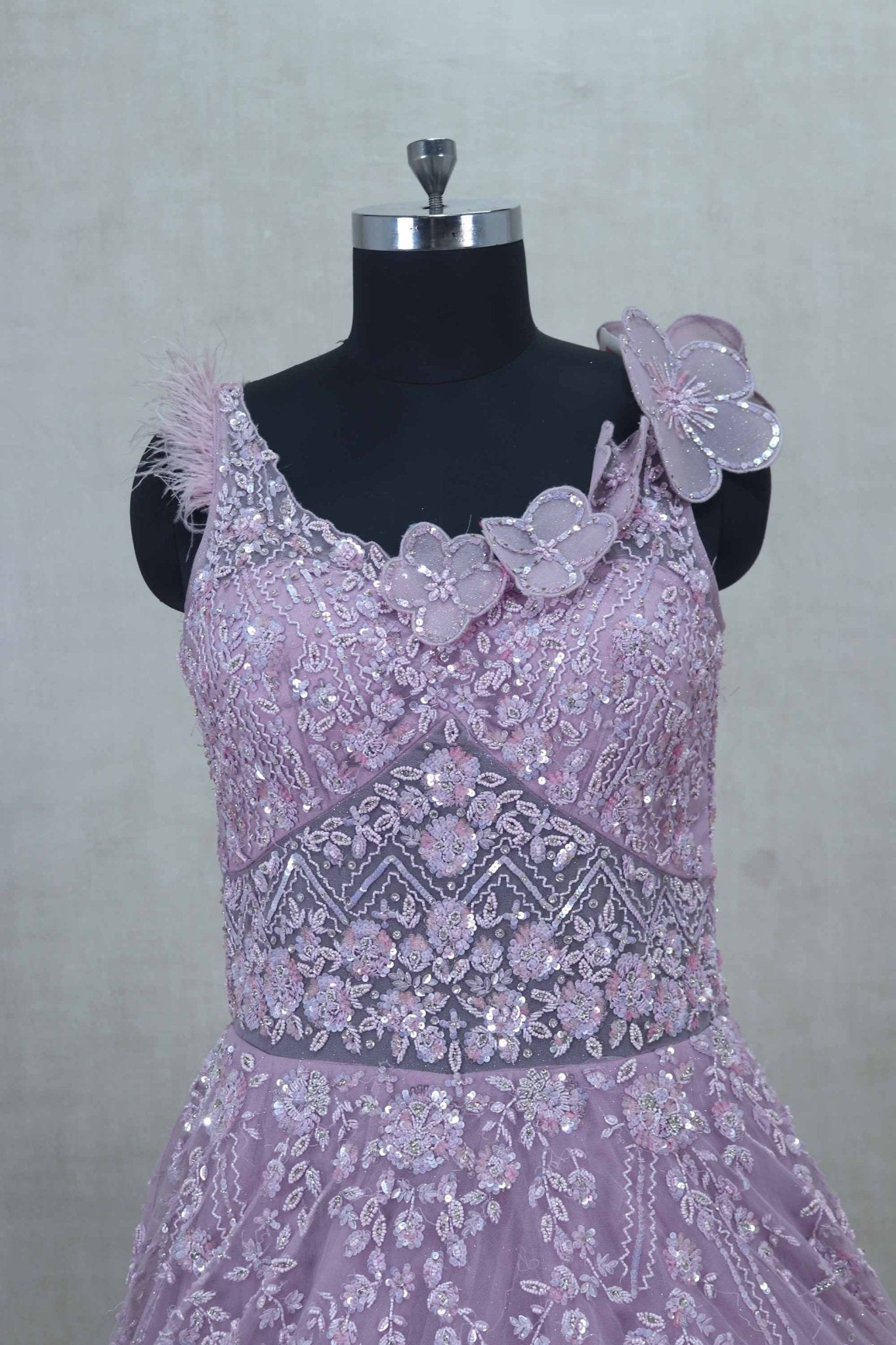 Pretty Lavender Net Party Gown with 3D Floral Embroidery and Beaded Details - Mangaldeep NX