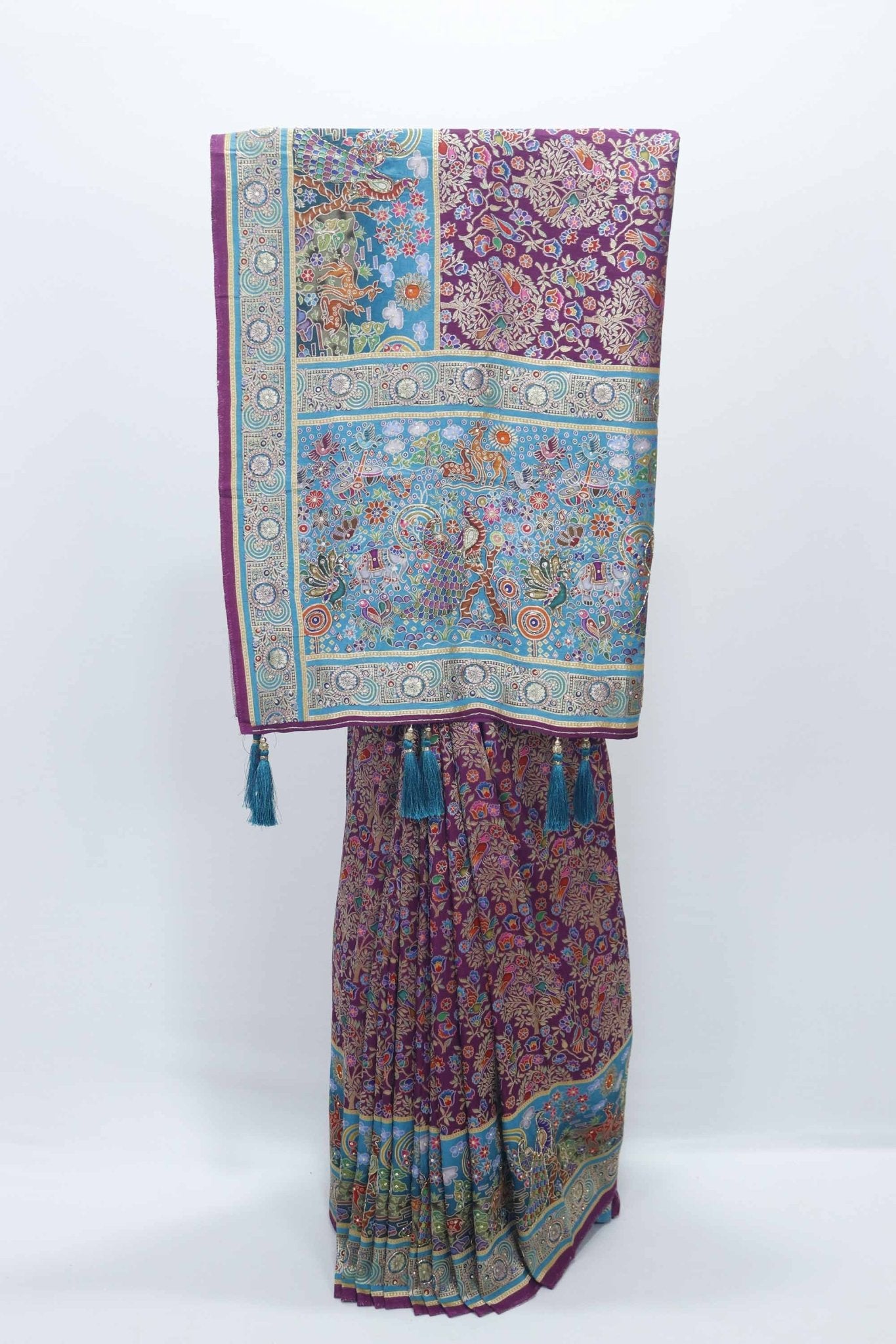 Purple and Teal Digital Printed Pashmina Silk Saree with Traditional Motifs and Tassel Accents - Mangaldeep NX
