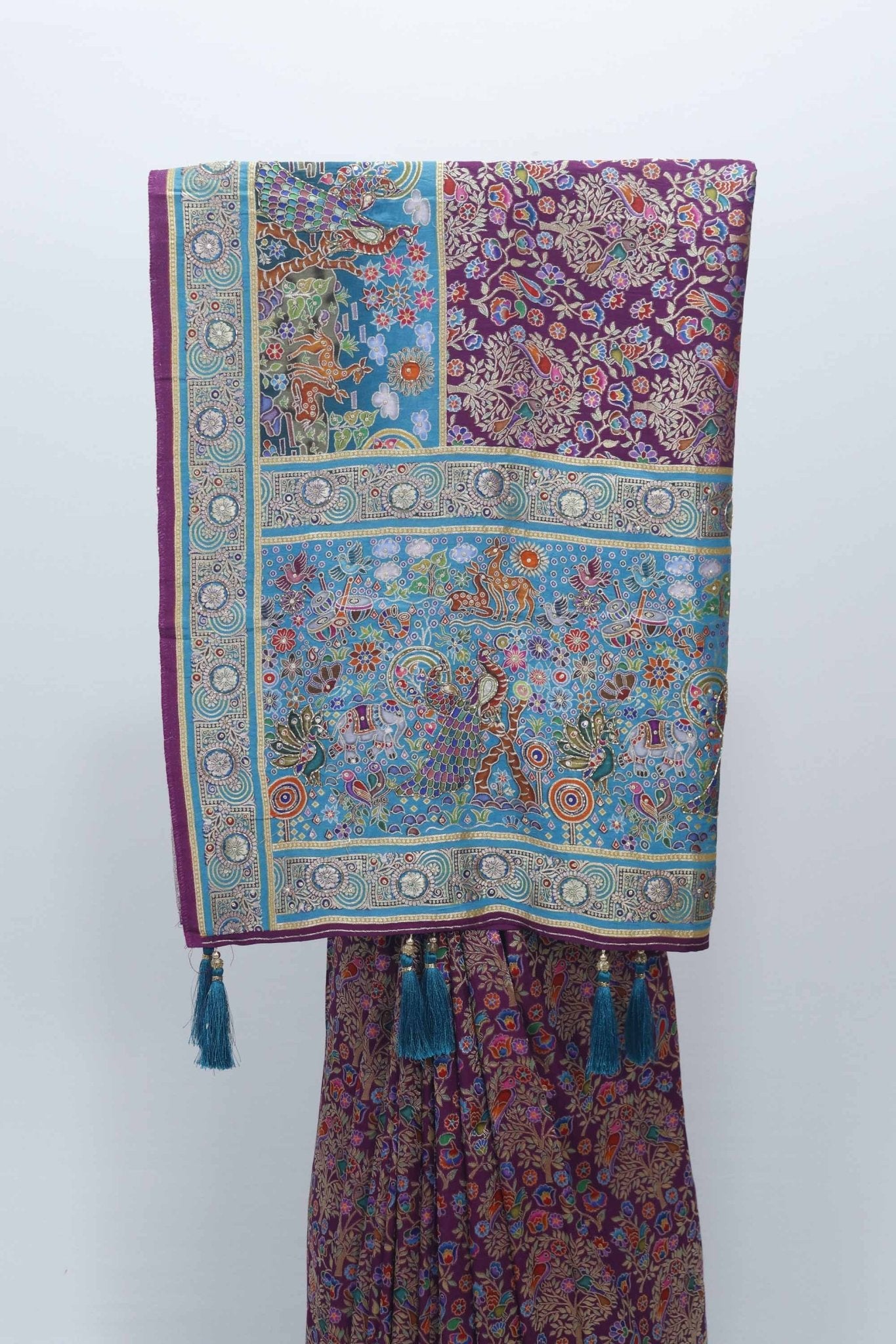 Purple and Teal Digital Printed Pashmina Silk Saree with Traditional Motifs and Tassel Accents - Mangaldeep NX