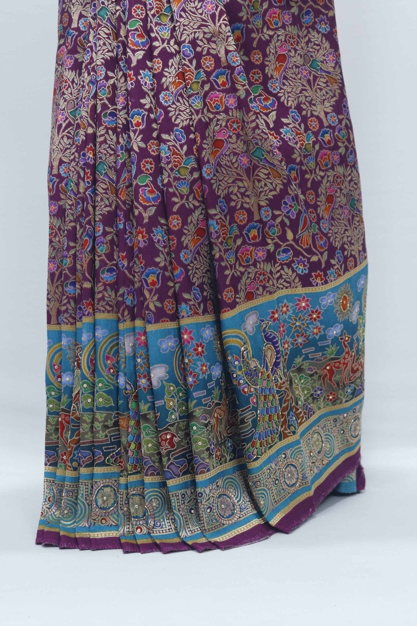 Purple and Teal Digital Printed Pashmina Silk Saree with Traditional Motifs and Tassel Accents - Mangaldeep NX