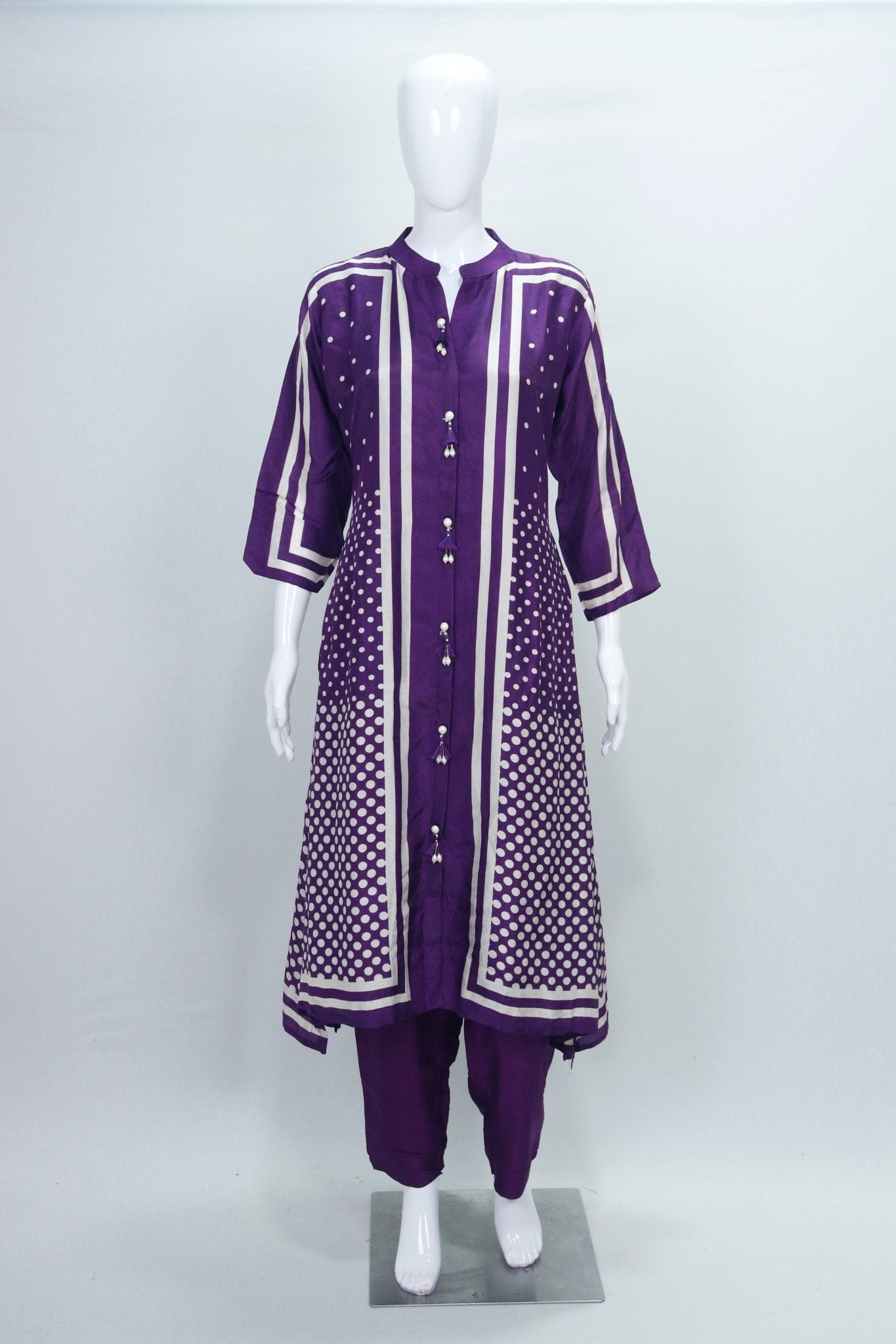 Purple Bandhani Print Straight Kurta Set Festive Ethnic Wear Kurti Set with Front Tassel Buttons - Mangaldeep NX