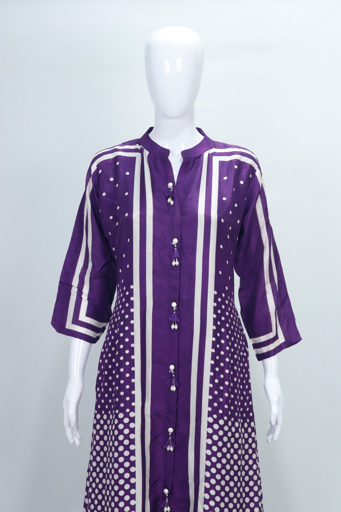 Purple Bandhani Print Straight Kurta Set Festive Ethnic Wear Kurti Set with Front Tassel Buttons - Mangaldeep NX