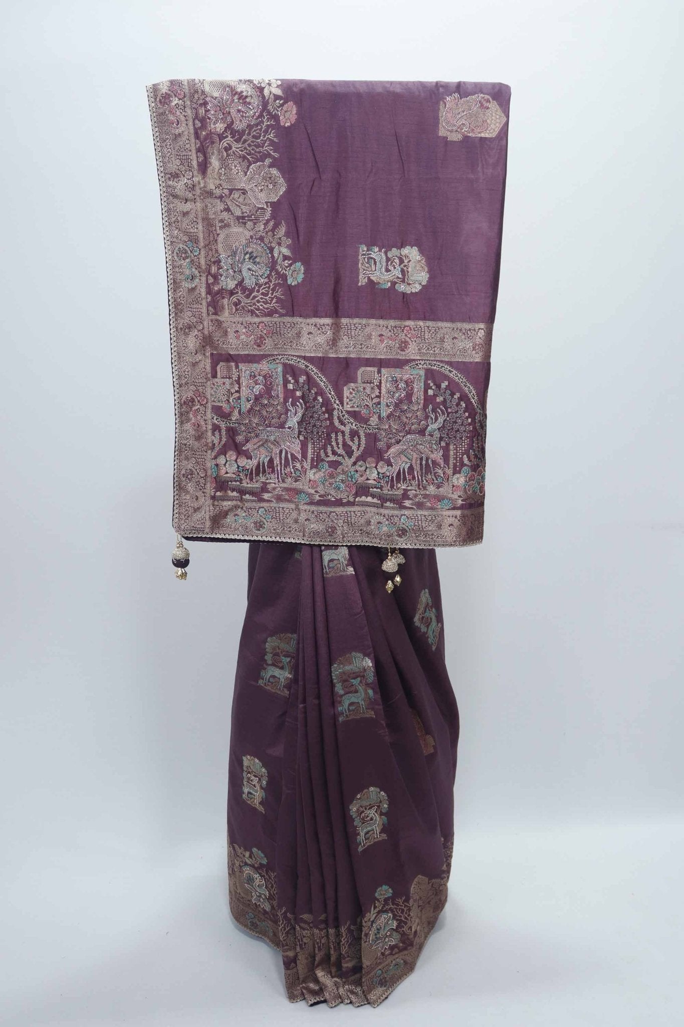 Purple Bangalori Silk Saree with Silver Zari Deer and Forest Weaving - Mangaldeep NX