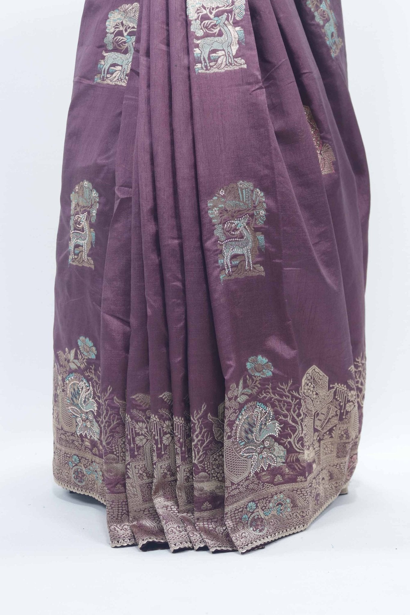 Purple Bangalori Silk Saree with Silver Zari Deer and Forest Weaving - Mangaldeep NX