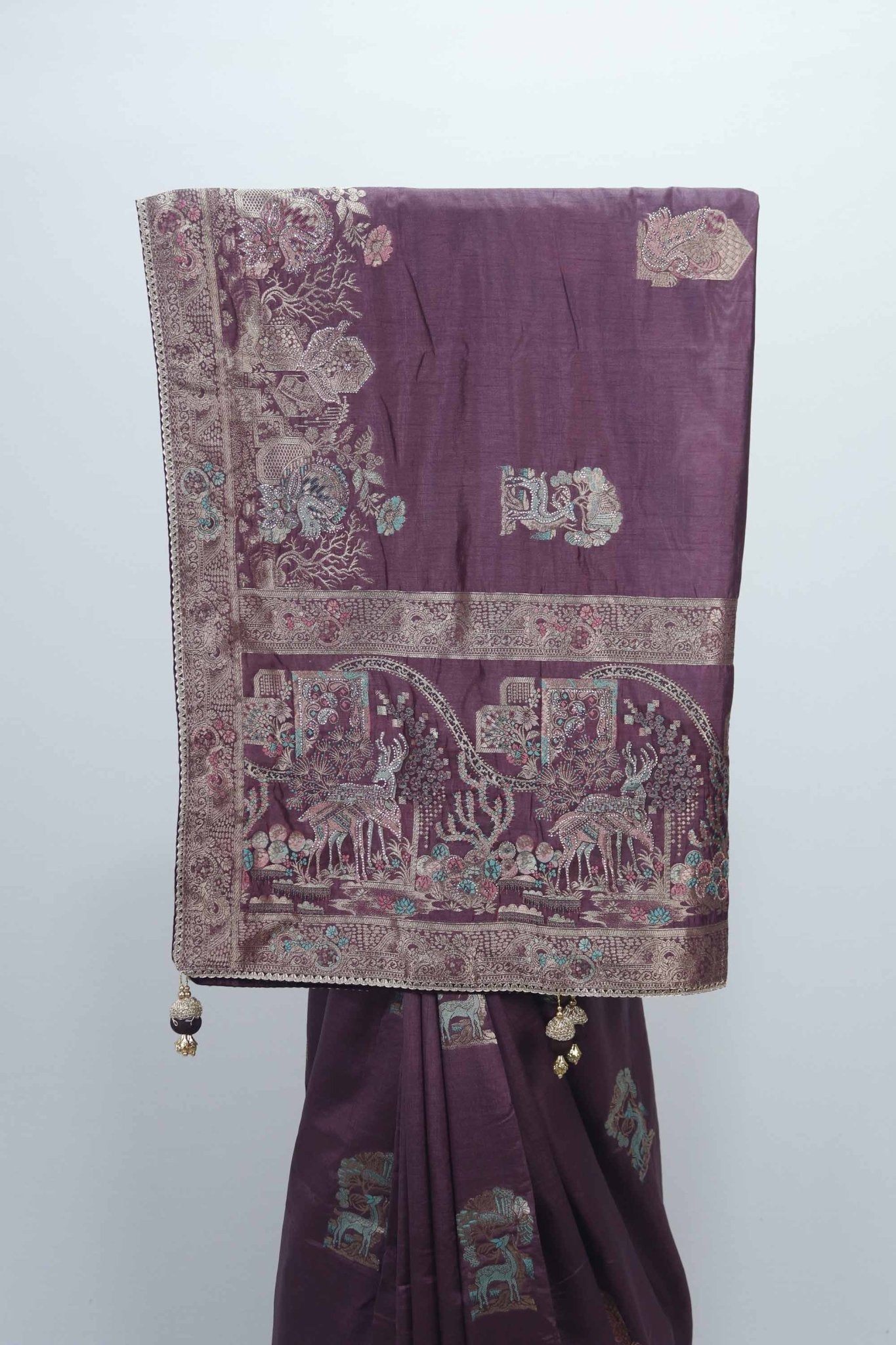 Purple Bangalori Silk Saree with Silver Zari Deer and Forest Weaving - Mangaldeep NX