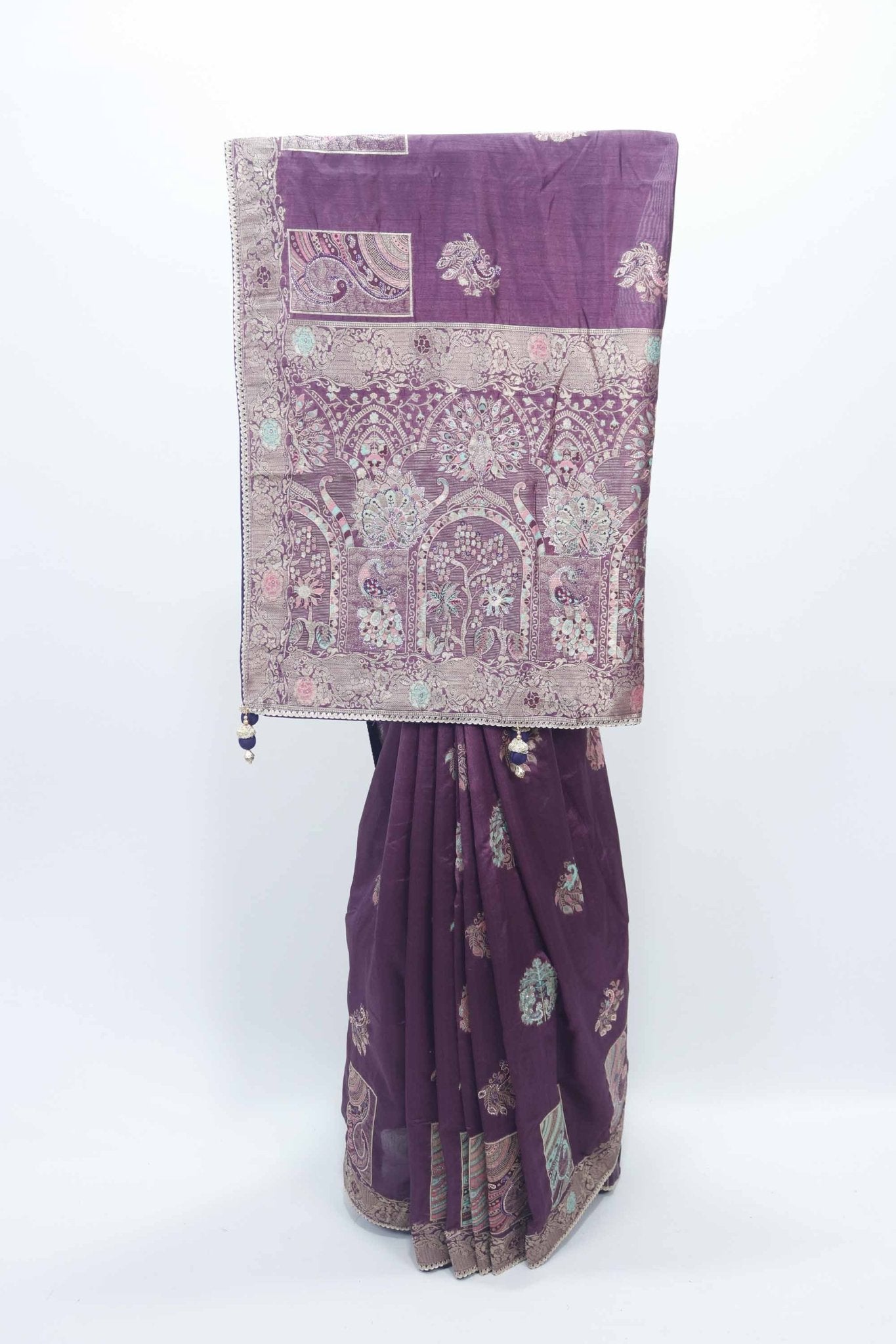 Purple Bangalori Silk Saree with Silver Zari Floral and Paisley Weaving - Mangaldeep NX