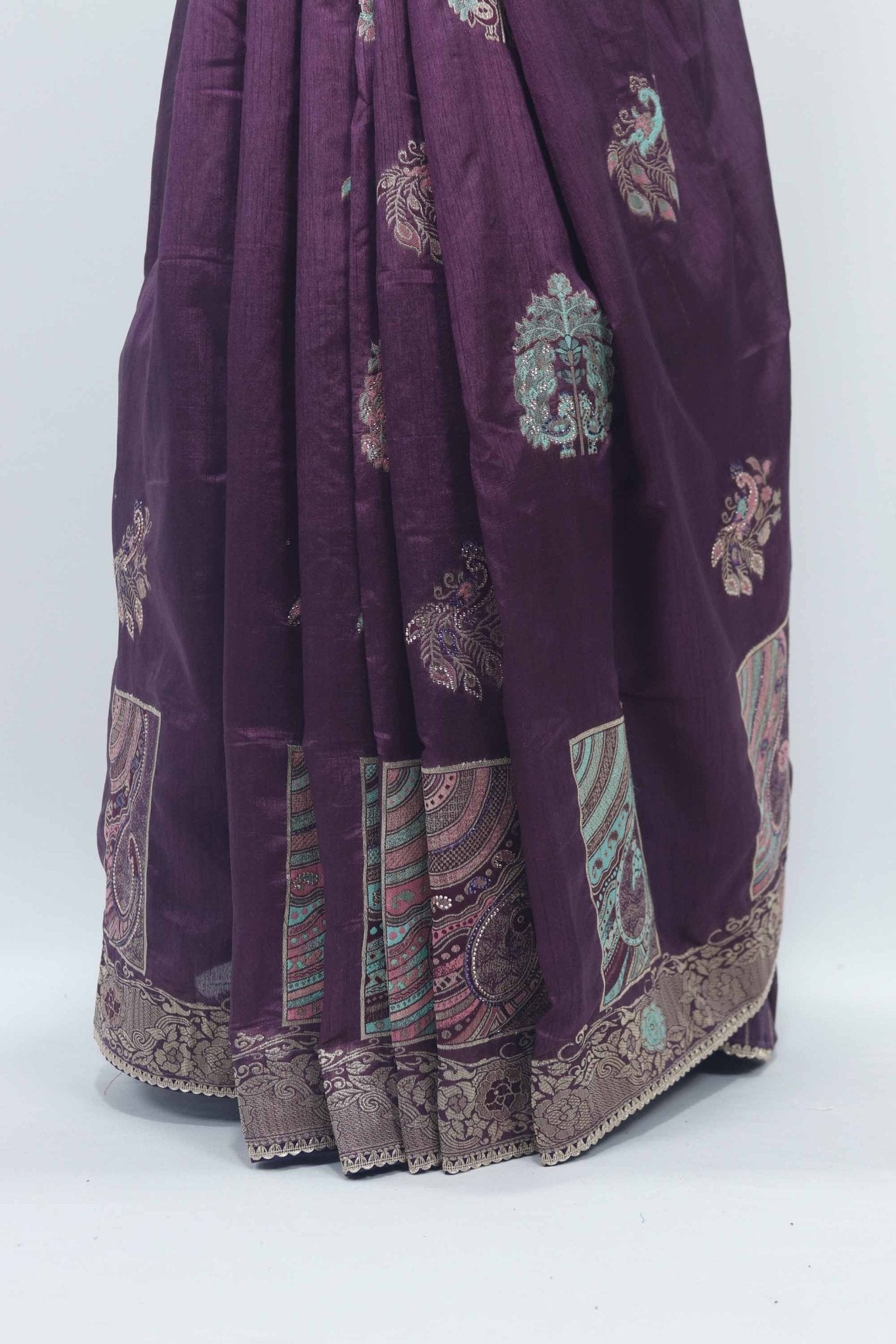 Purple Bangalori Silk Saree with Silver Zari Floral and Paisley Weaving - Mangaldeep NX