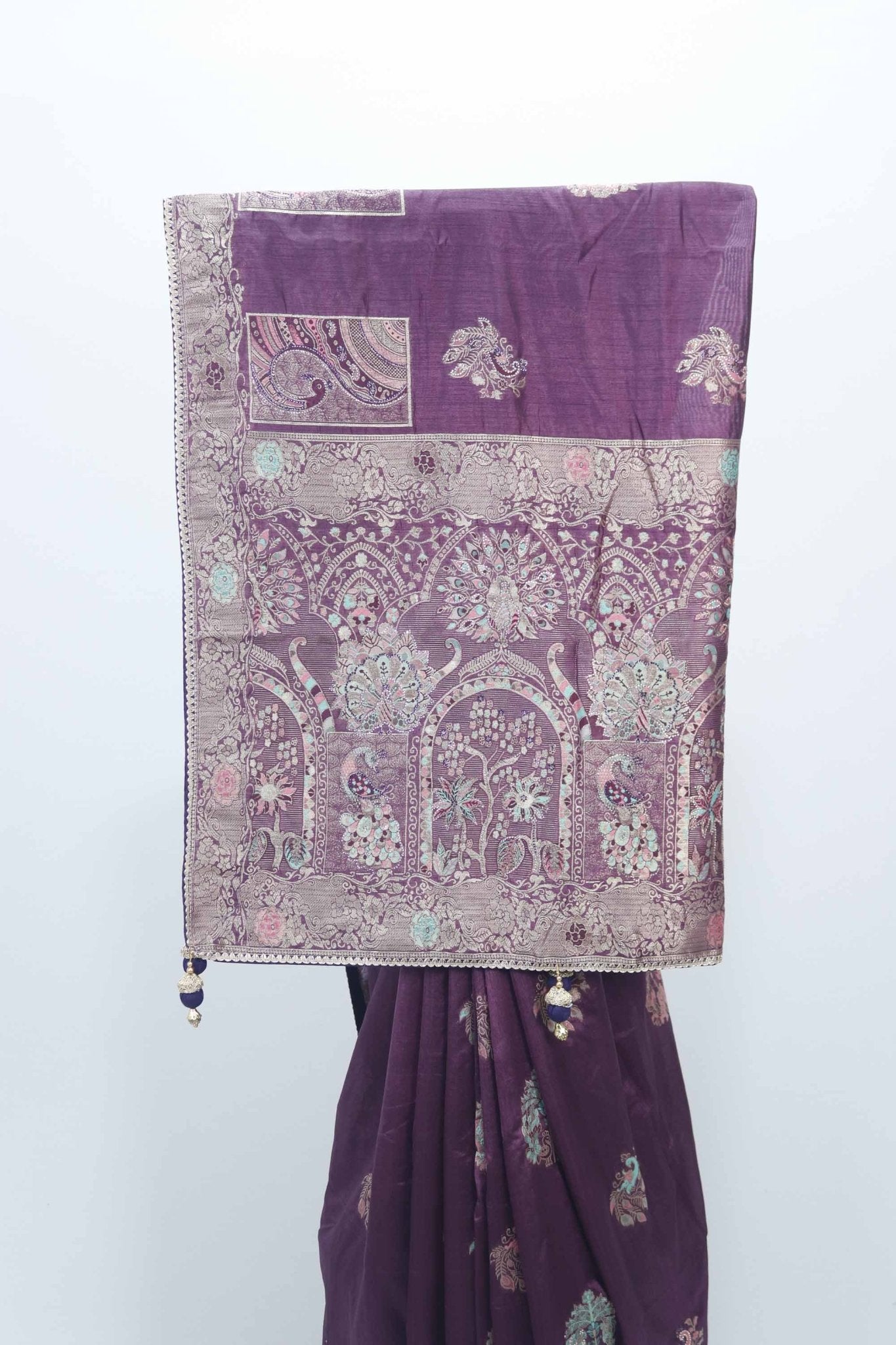 Purple Bangalori Silk Saree with Silver Zari Floral and Paisley Weaving - Mangaldeep NX