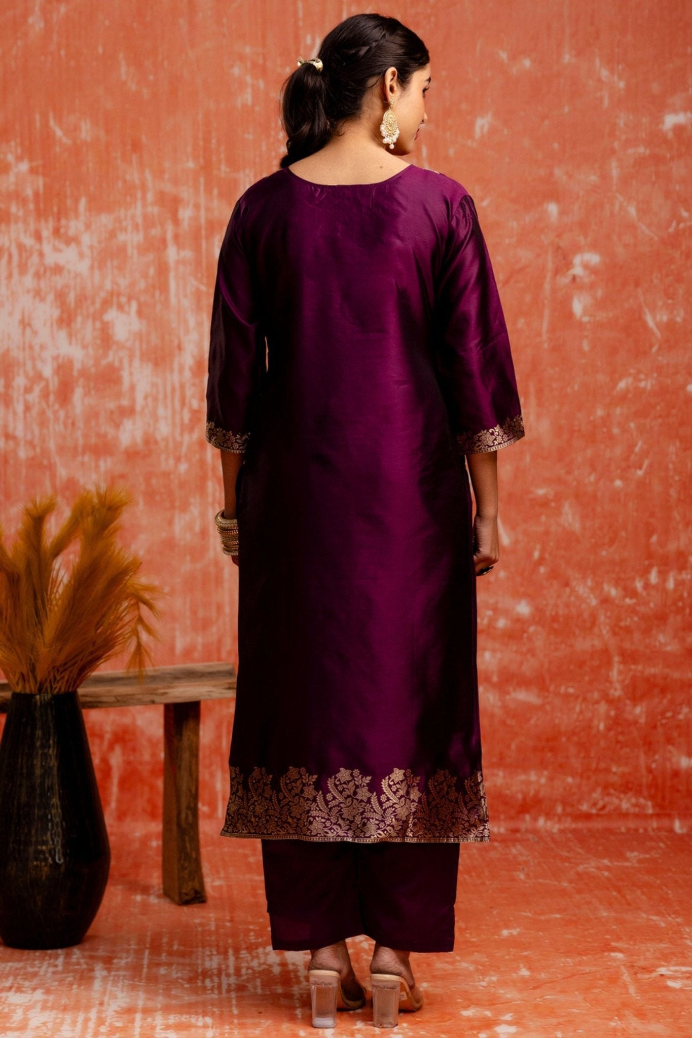 Purple Cotton Blend Straight Suit Set with Zari Embroidery and Dupatta - Mangaldeep NX