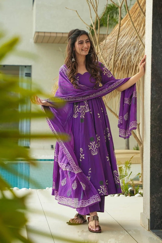 Purple Embroidered Anarkali Kurta Set with Printed Dupatta and Straight Pants for Women - Mangaldeep NX