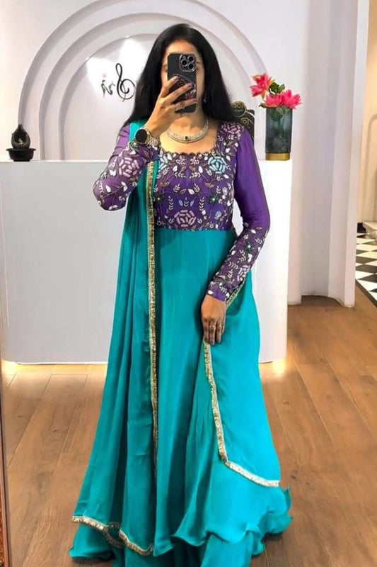 Purple Embroidered Bodice Teal Flared Anarkali Gown for Women with Dupatta - Mangaldeep NX