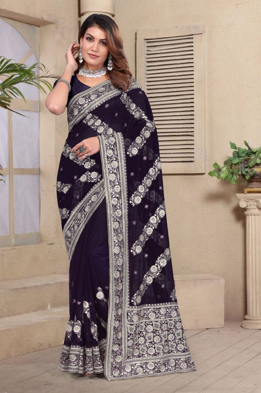 Purple Embroidered Georgette Saree with Silver Floral Thread Work and Matching Blouse Piece - Mangaldeep NX