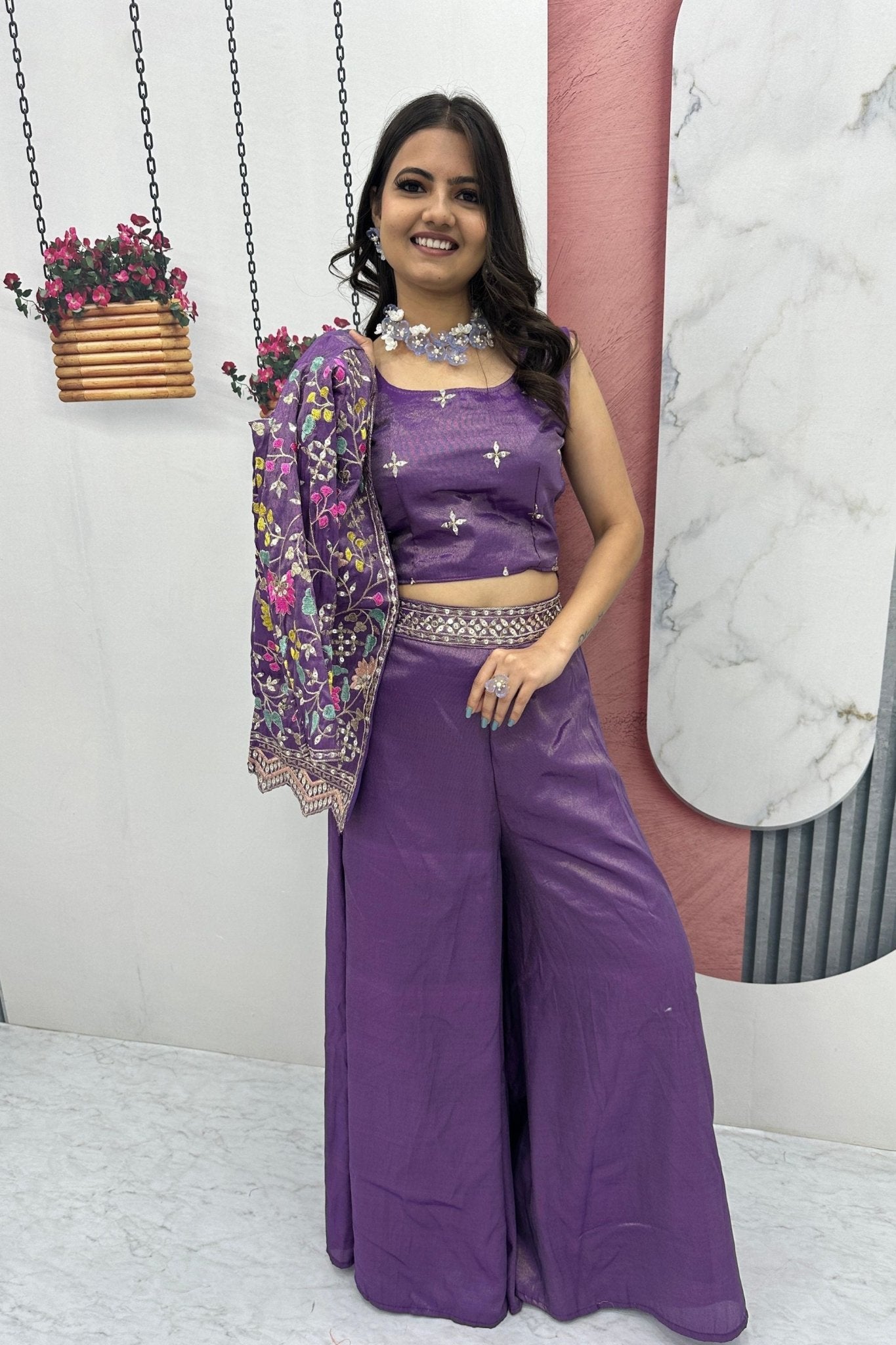 Purple Embroidered Palazzo Suit with Crop Top and Jacket for Women