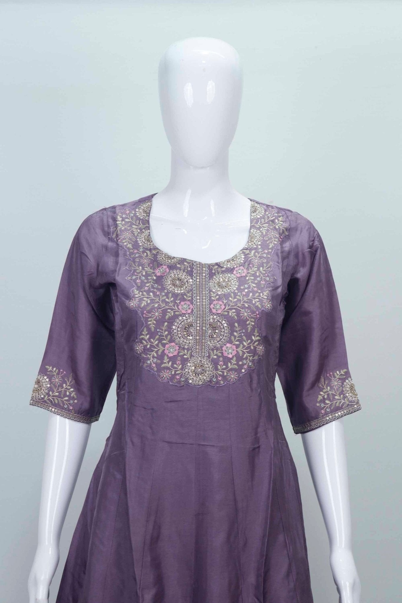 Purple Embroidered Pashmina Silk Straight Suit Set with Scalloped Dupatta - Mangaldeep NX