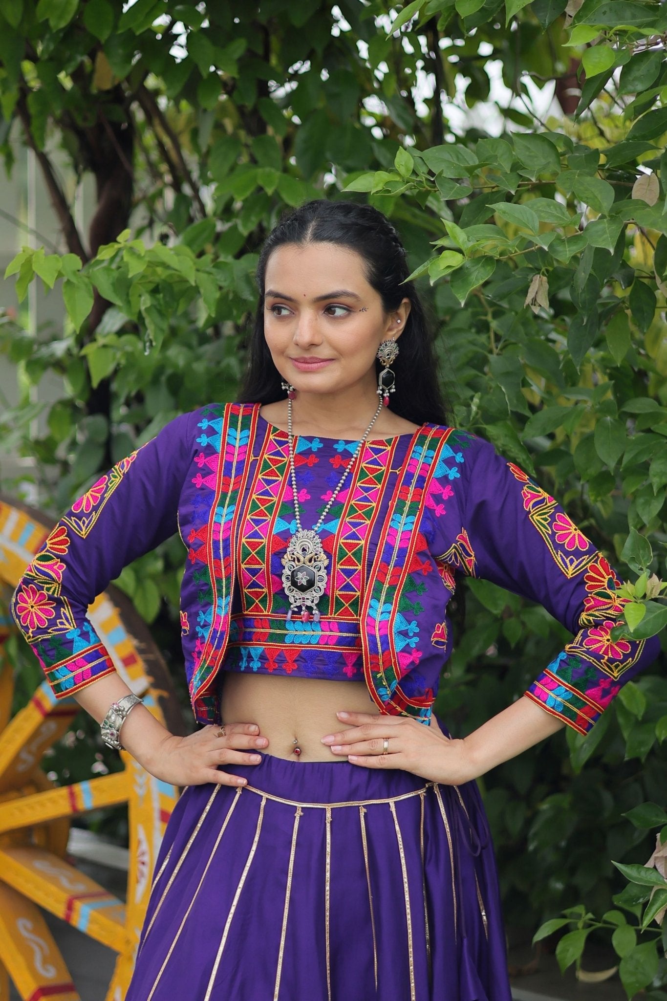 Purple Mirror Work Embroidered Lehenga Choli Set with Multicolor Threadwork Jacket - Mangaldeep NX