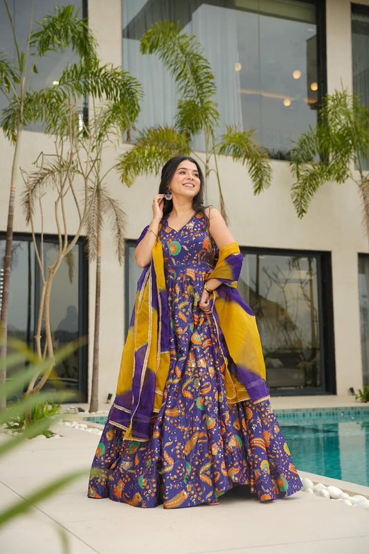 Purple Multicolor Bandhani Printed Gown with Peacock Motifs - Mangaldeep NX