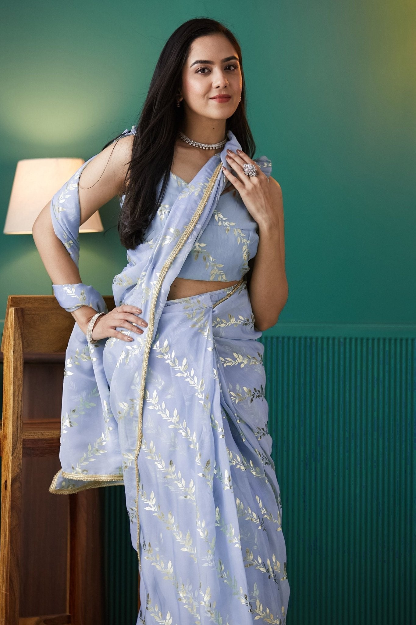 Purple Organza Saree with Gold Leaf Vine Print and Sequin Lace Border - Mangaldeep NX