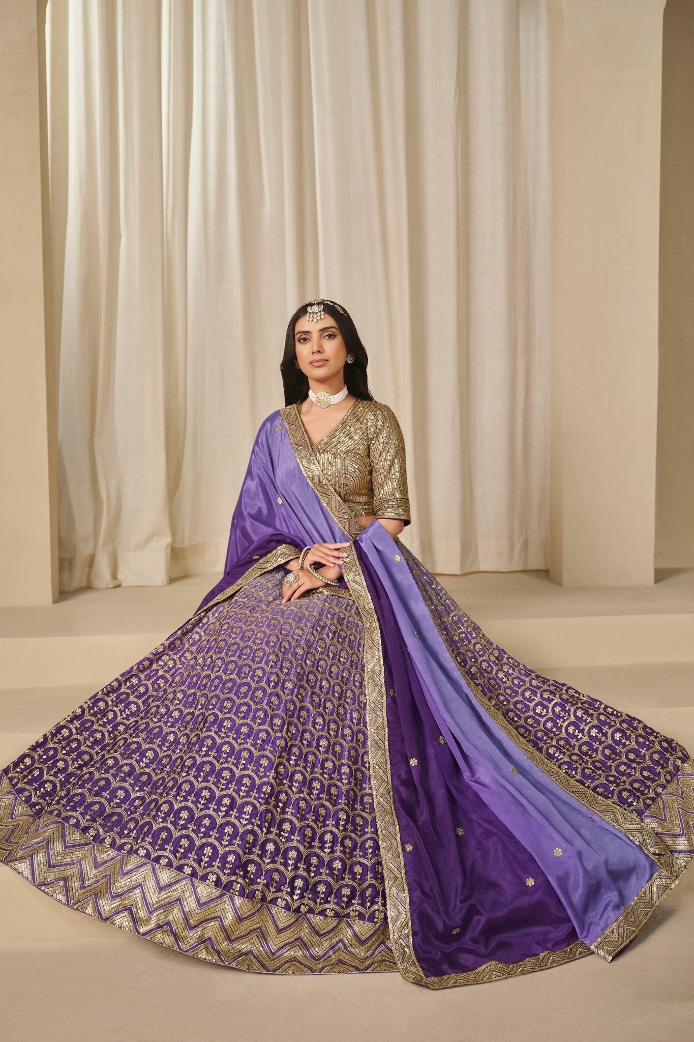 Purple Silk Embroidered Lehenga Choli Set with Sequined Blouse and Contrast Dupatta - Mangaldeep NX