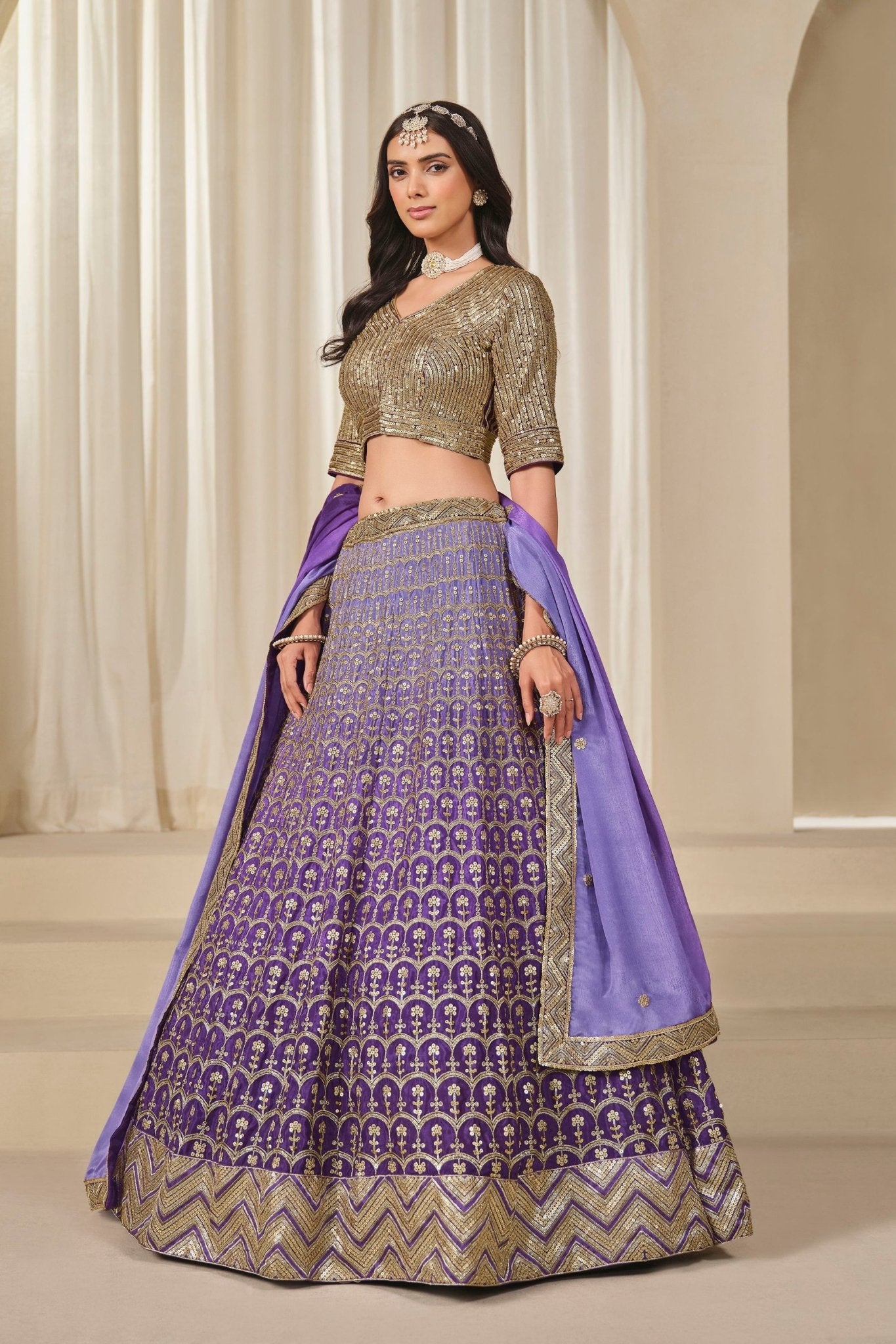Purple Silk Embroidered Lehenga Choli Set with Sequined Blouse and Contrast Dupatta - Mangaldeep NX