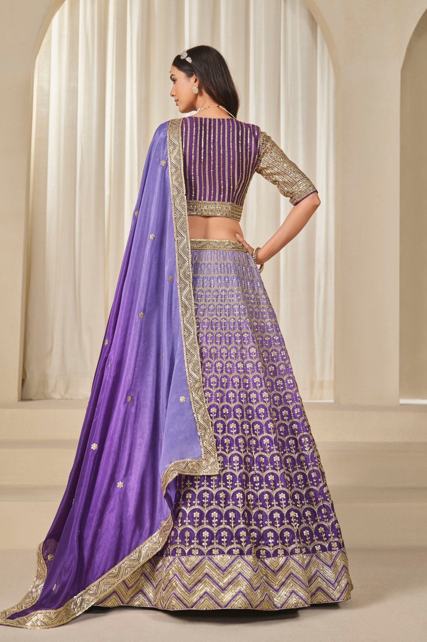 Purple Silk Embroidered Lehenga Choli Set with Sequined Blouse and Contrast Dupatta - Mangaldeep NX