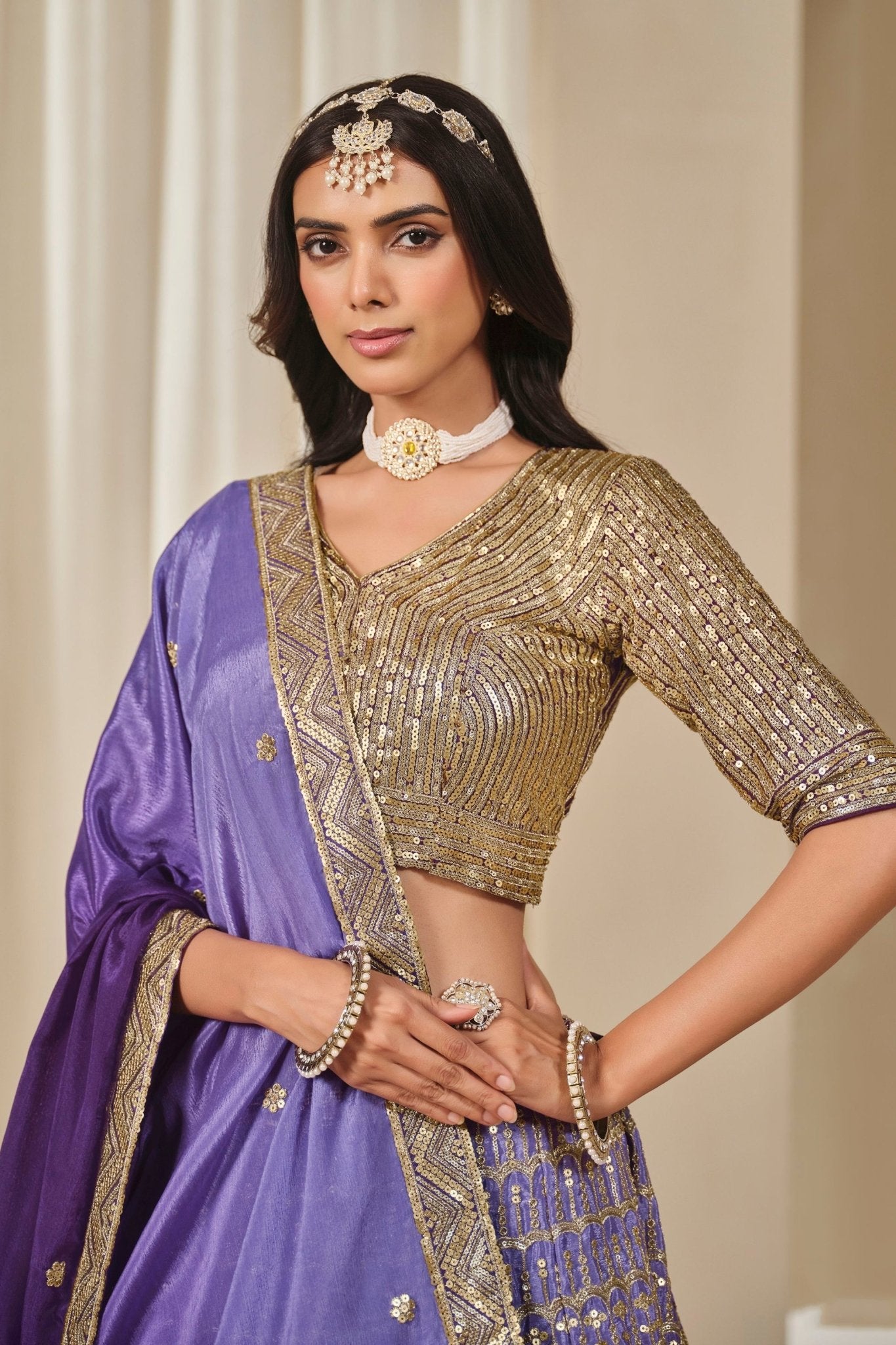 Purple Silk Embroidered Lehenga Choli Set with Sequined Blouse and Contrast Dupatta - Mangaldeep NX