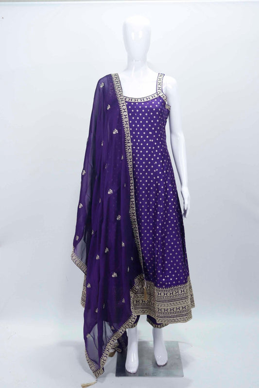 Purple Sleeveless Foil Printed Anarkali Kurta Set with Zari Embroidery and Matching Dupatta - Mangaldeep NX
