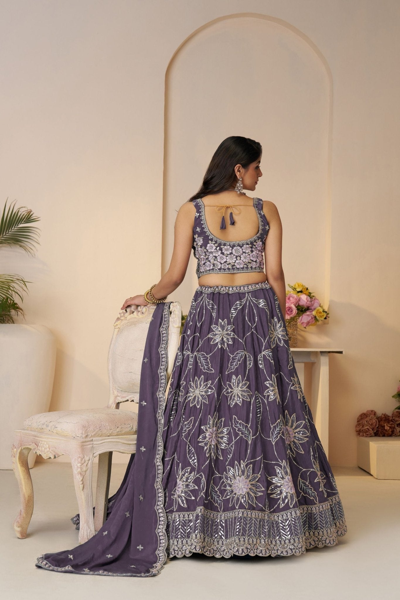 Purple Thread Embroidered Lehenga Choli with Mirror Work and Floral Motif Dupatta - Mangaldeep NX