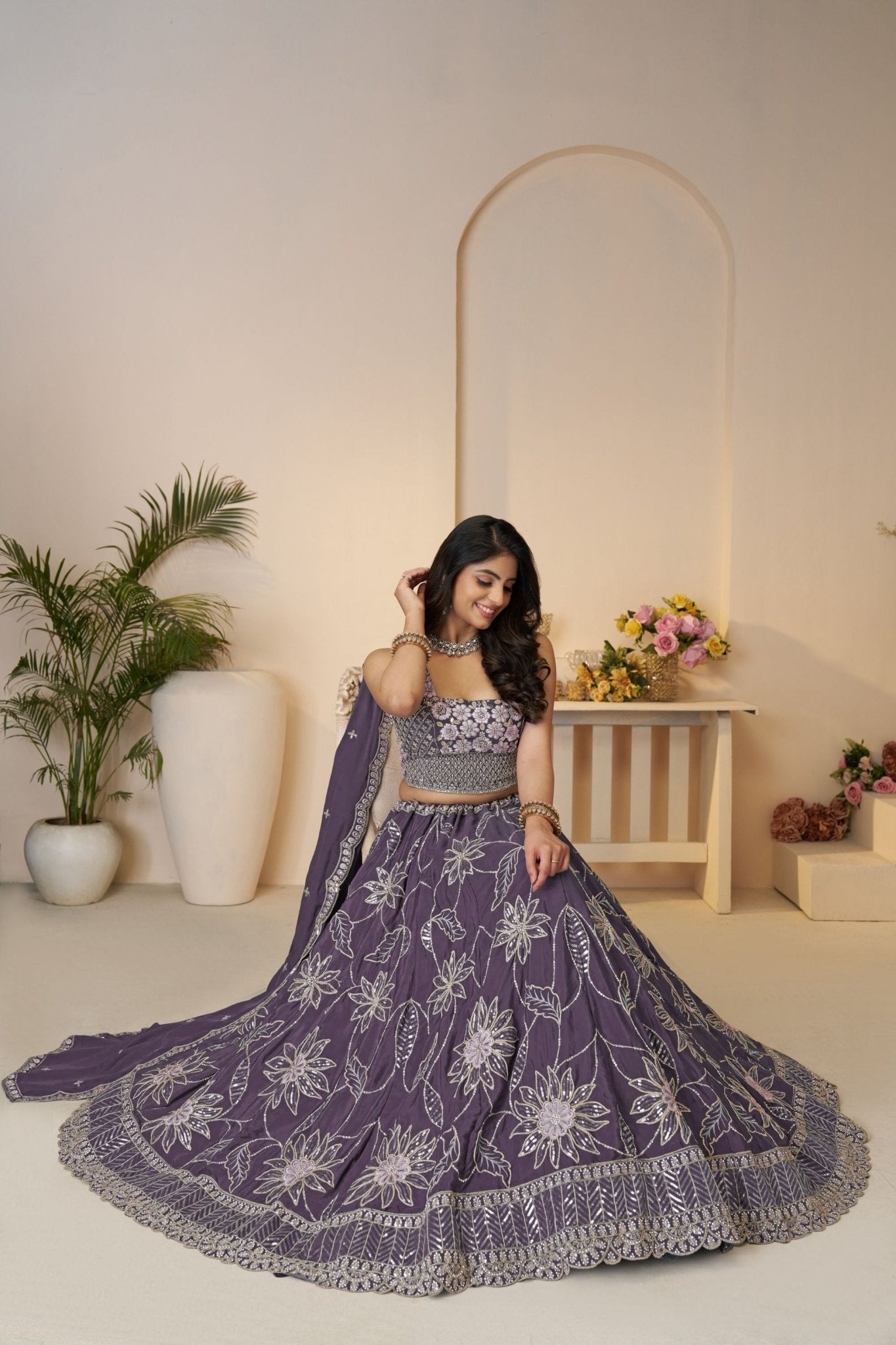 Purple Thread Embroidered Lehenga Choli with Mirror Work and Floral Motif Dupatta - Mangaldeep NX