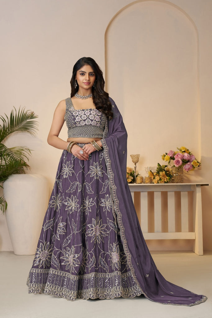 Purple Thread Embroidered Lehenga Choli with Mirror Work and Floral Motif Dupatta - Mangaldeep NX