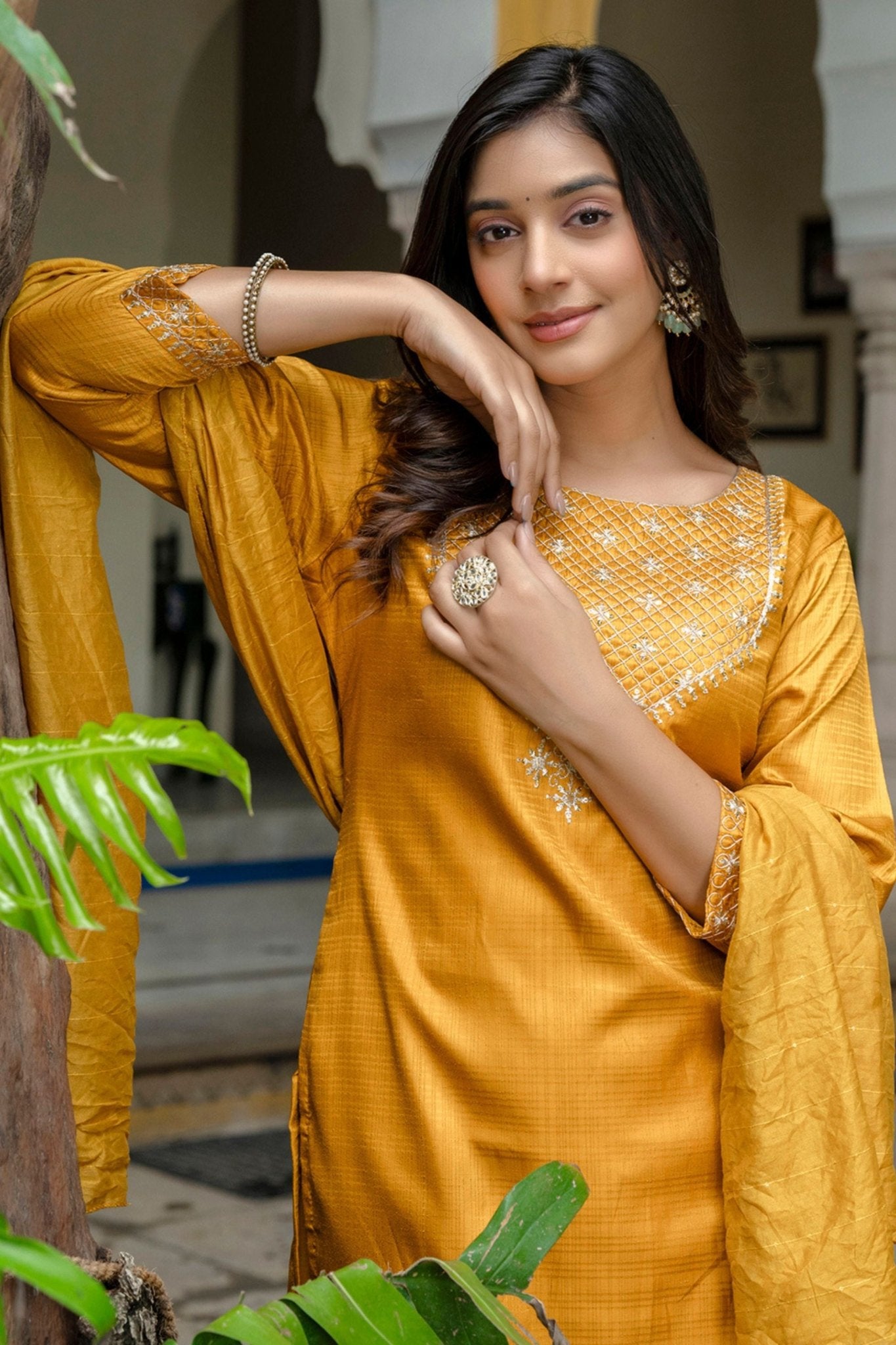 Radiant Mustard Yellow Embroidered Straight Suit Set - Mangaldeep NX