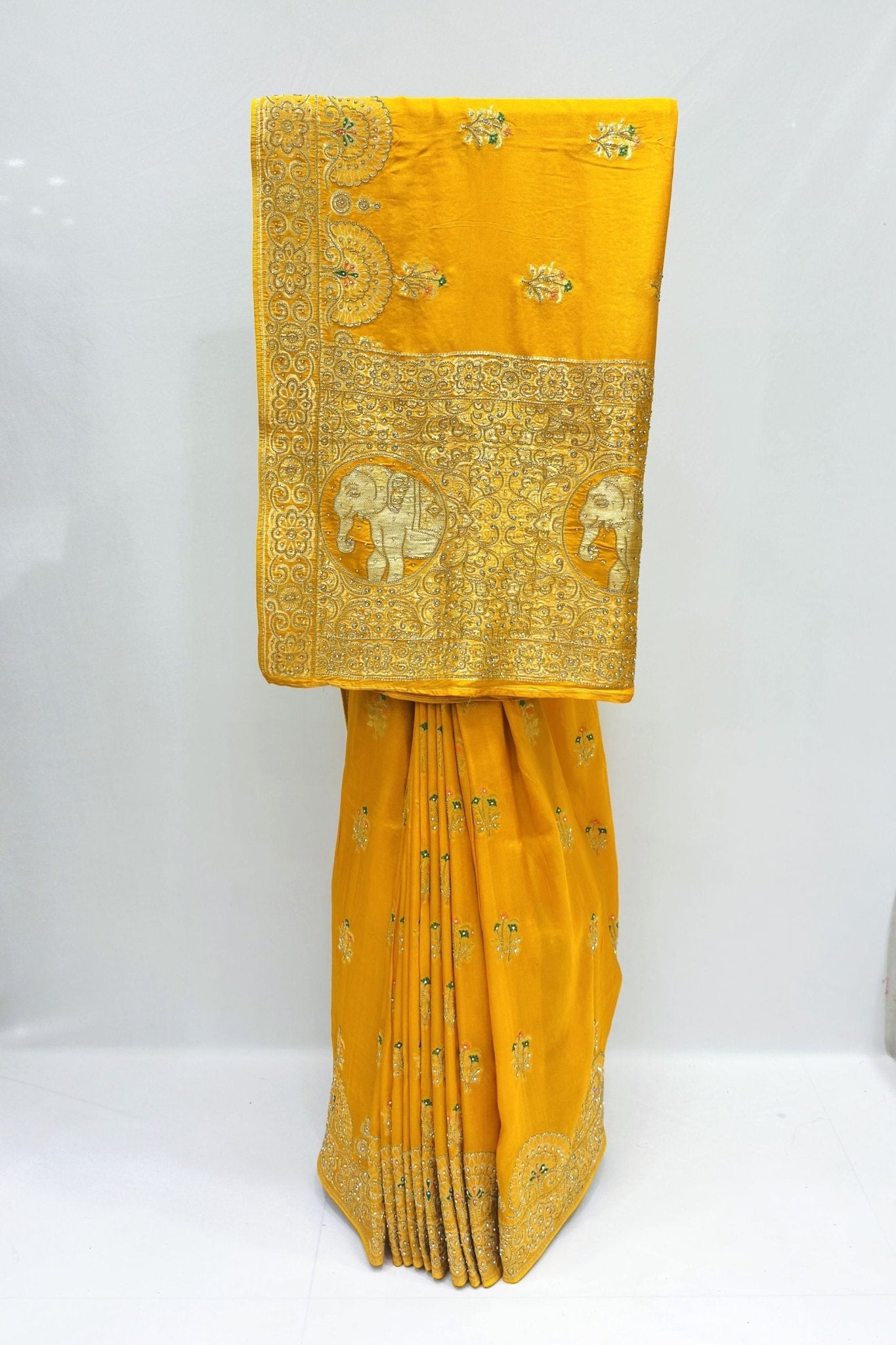 Radiant Mustard Yellow Silk Saree with Golden Elephant Zari Work - Mangaldeep NX