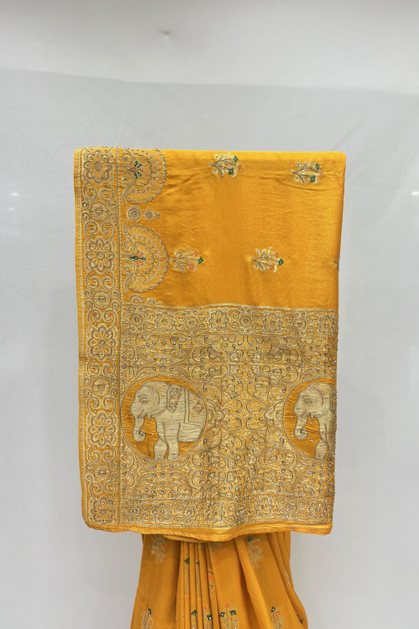 Radiant Mustard Yellow Silk Saree with Golden Elephant Zari Work - Mangaldeep NX