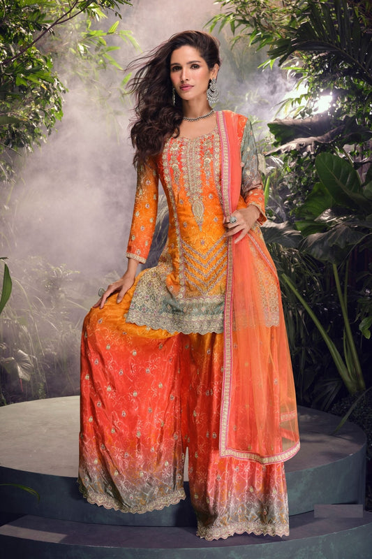 Radiant Orange Embroidered Sharara Suit with Net Dupatta and Zari Detailing - Mangaldeep NX