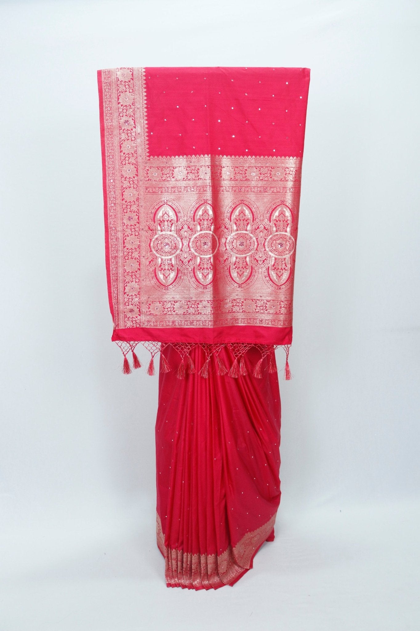 Radiant Red Banarasi Silk Saree with Zari Weaving & Tassel Border – Bridal & Festive Traditional Wear - Mangaldeep NX