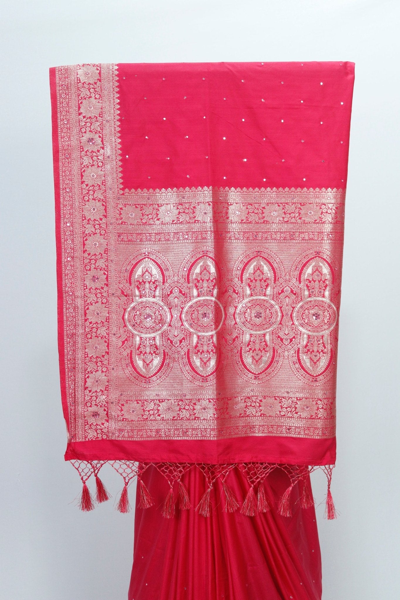 Radiant Red Banarasi Silk Saree with Zari Weaving & Tassel Border – Bridal & Festive Traditional Wear - Mangaldeep NX