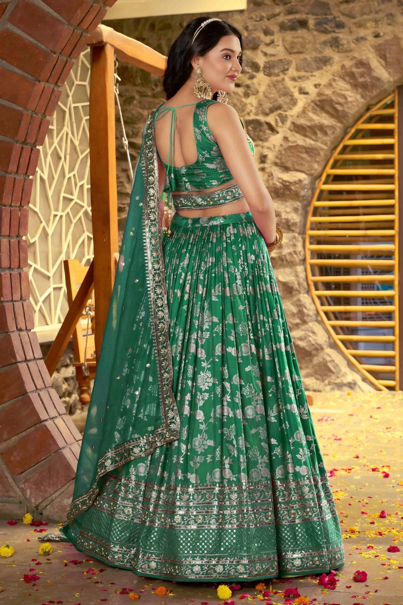 Rama Green Embroidered Silk Lehenga Choli Set with Sequin Dupatta - Mangaldeep NX