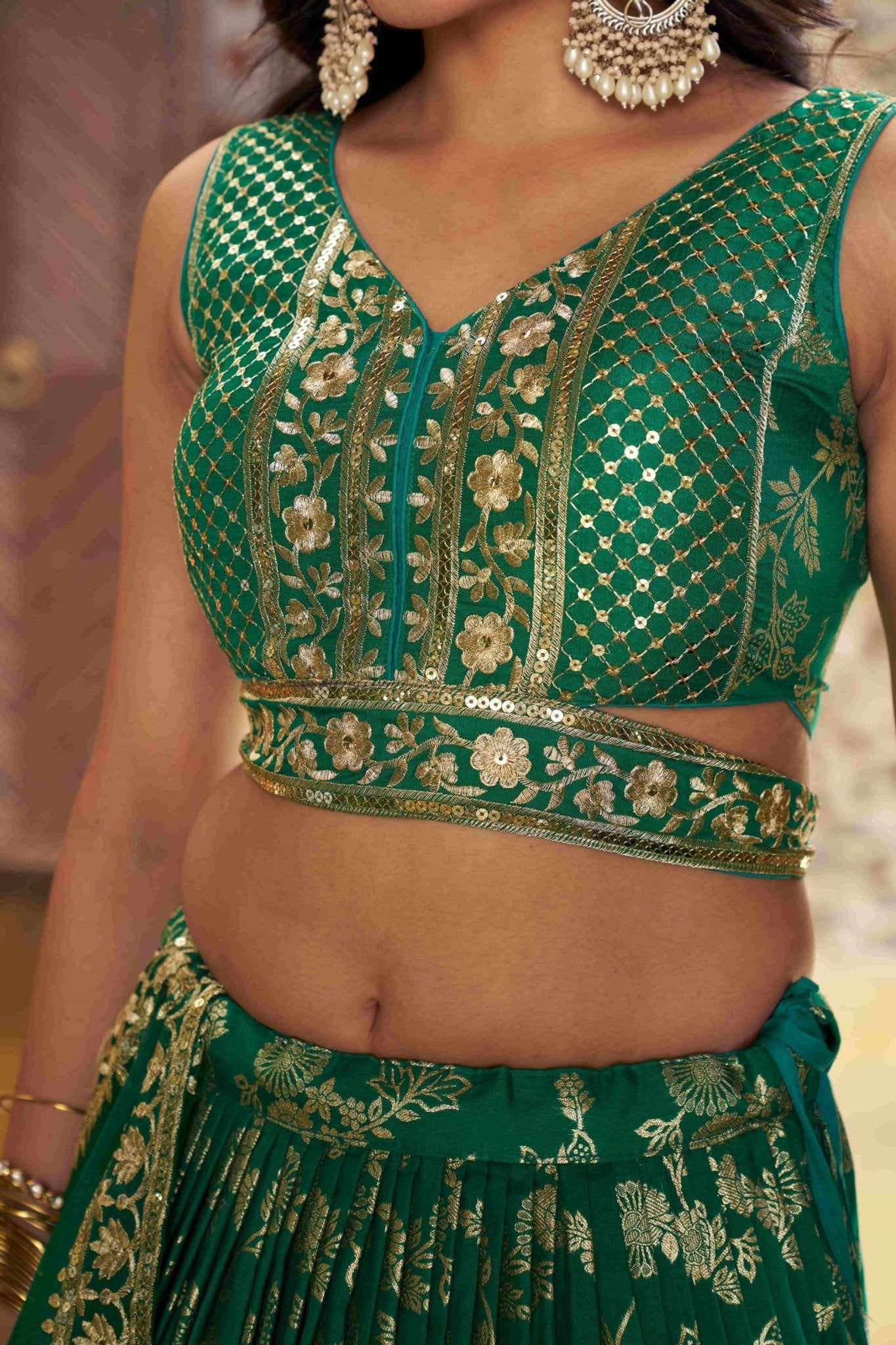 Rama Green Embroidered Silk Lehenga Choli Set with Sequin Dupatta - Mangaldeep NX