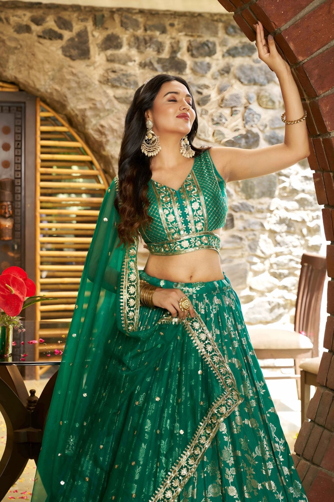 Rama Green Embroidered Silk Lehenga Choli Set with Sequin Dupatta - Mangaldeep NX
