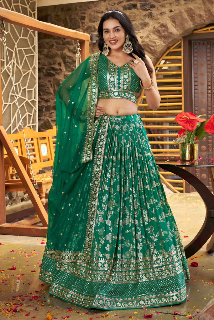 Rama Green Embroidered Silk Lehenga Choli Set with Sequin Dupatta - Mangaldeep NX