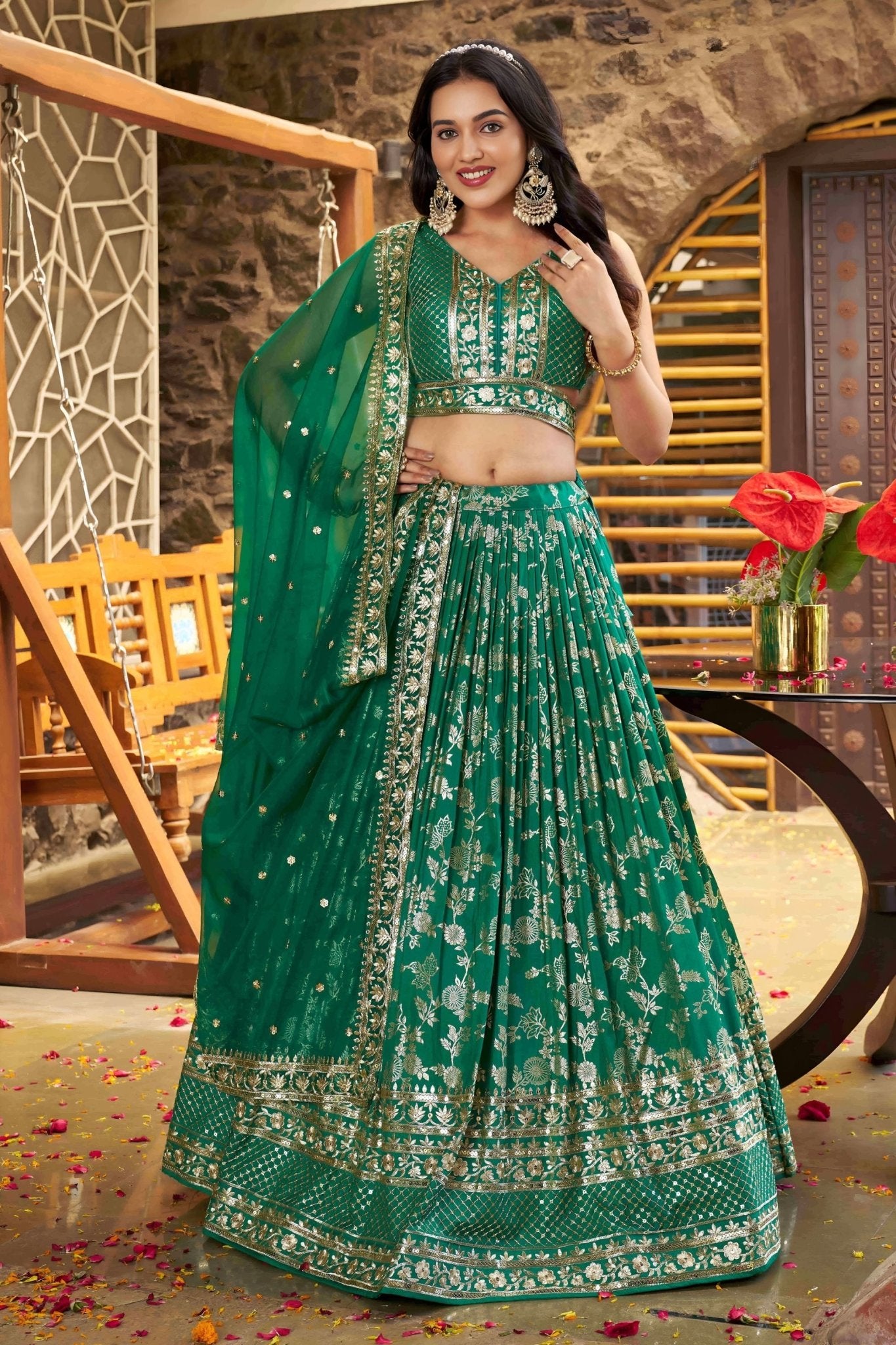 Rama Green Embroidered Silk Lehenga Choli Set with Sequin Dupatta - Mangaldeep NX
