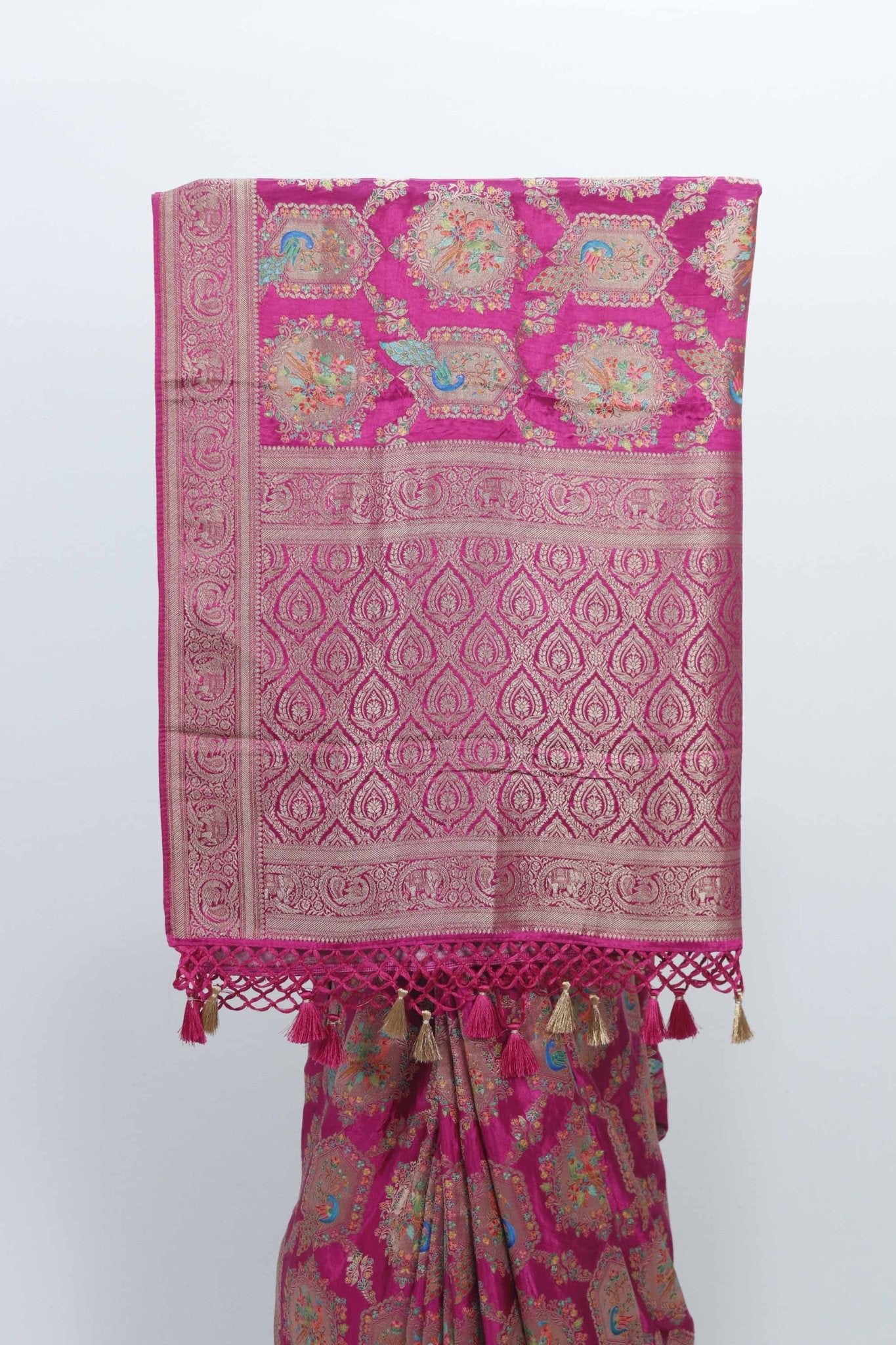 Rani Pink Banarasi Silk Saree with Peacock Gold Zari Pallu with Tassels - Mangaldeep NX