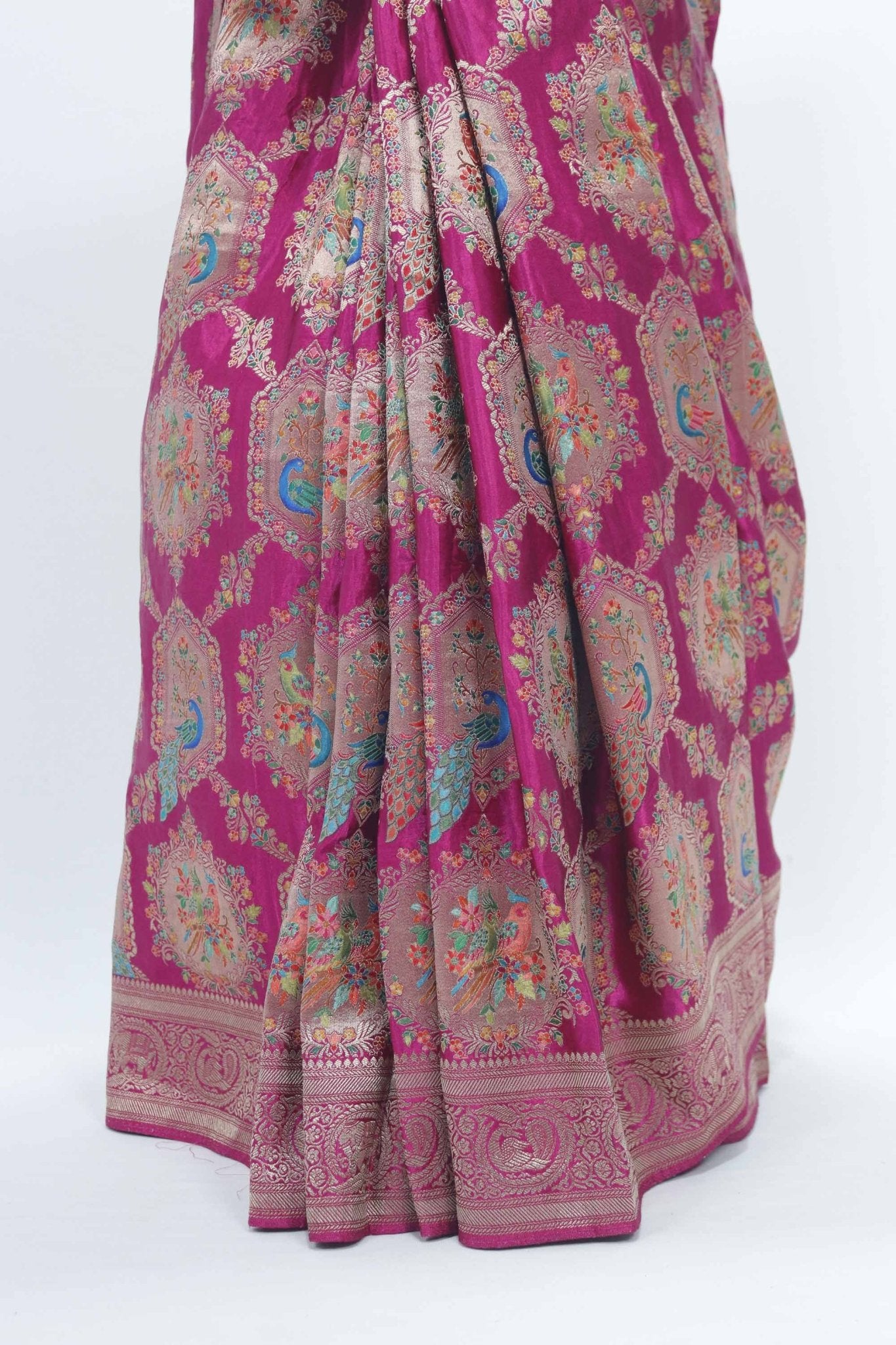 Rani Pink Banarasi Silk Saree with Peacock Gold Zari Pallu with Tassels - Mangaldeep NX