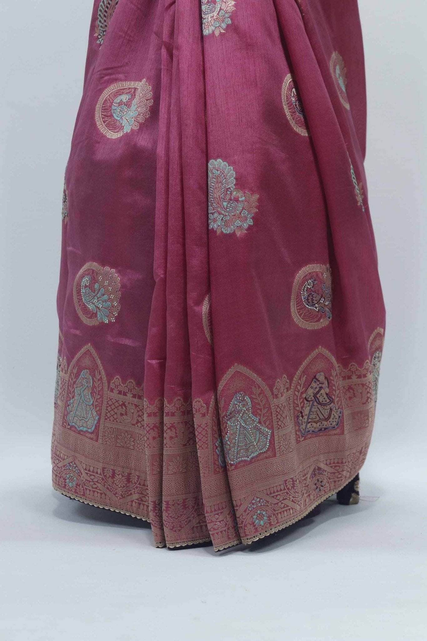 Rani Pink Bangalori Silk Saree with Silver Zari Temple Motifs and Beaded Tassel Pallu - Mangaldeep NX