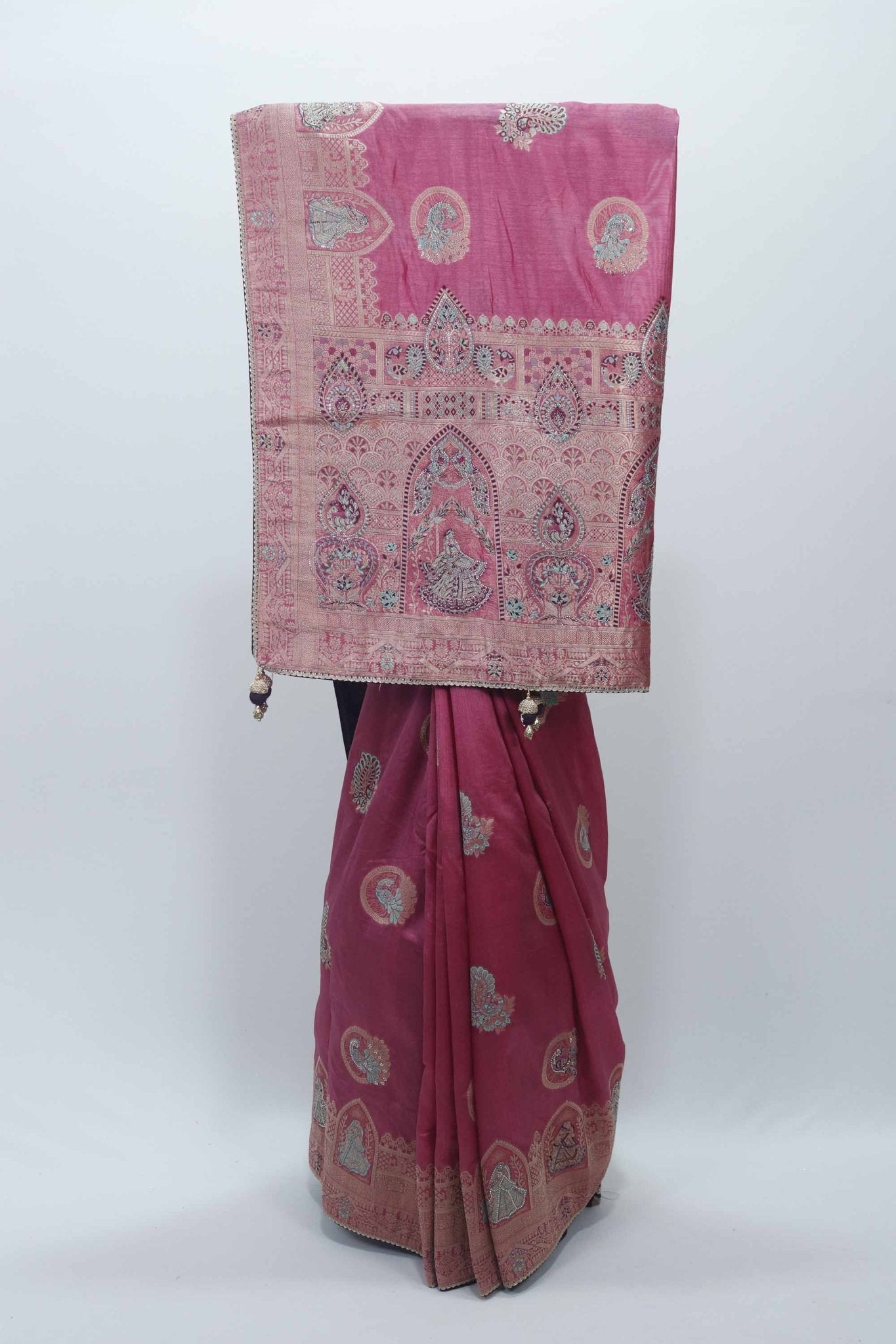 Rani Pink Bangalori Silk Saree with Silver Zari Temple Motifs and Beaded Tassel Pallu - Mangaldeep NX