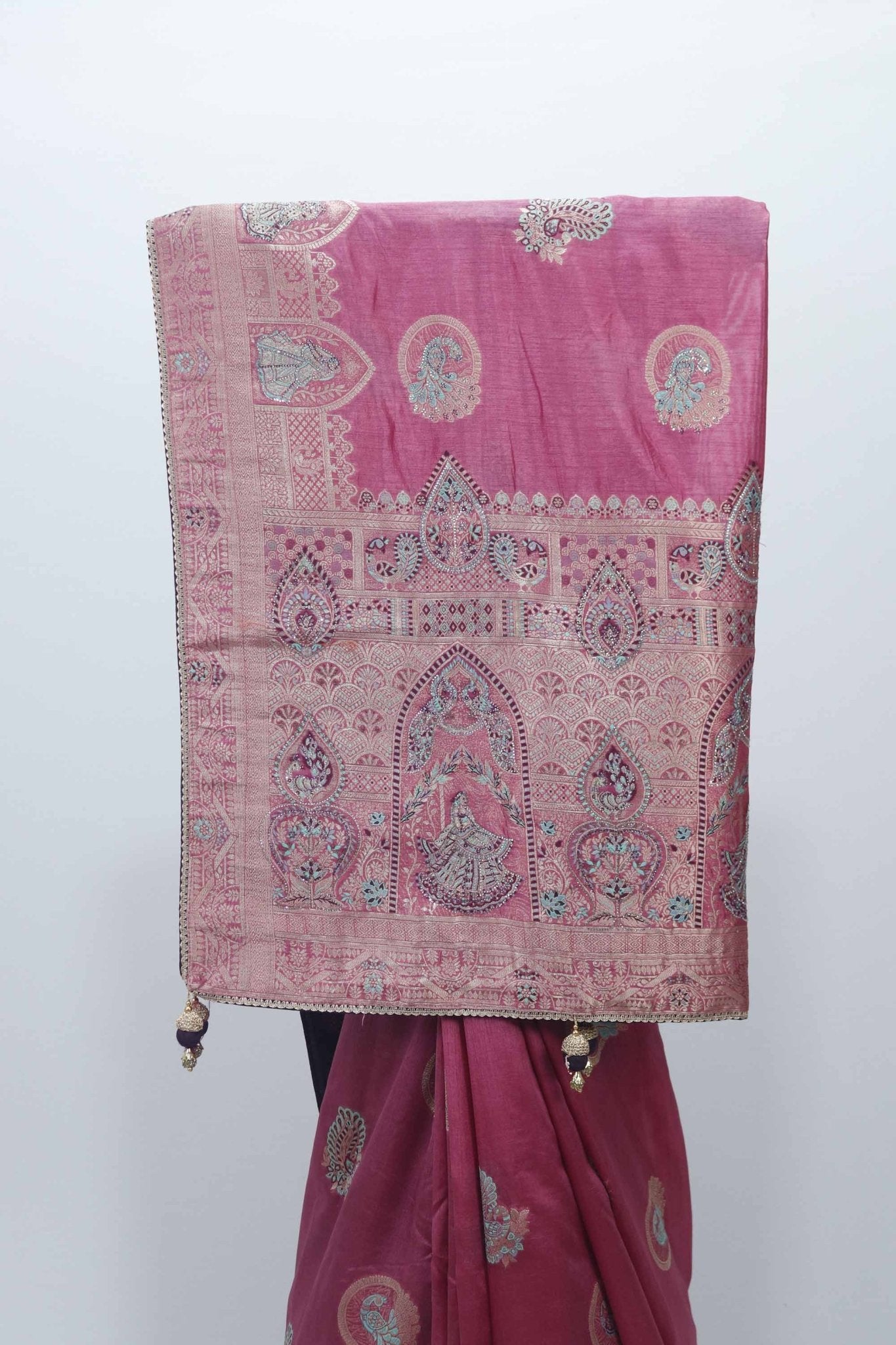 Rani Pink Bangalori Silk Saree with Silver Zari Temple Motifs and Beaded Tassel Pallu - Mangaldeep NX